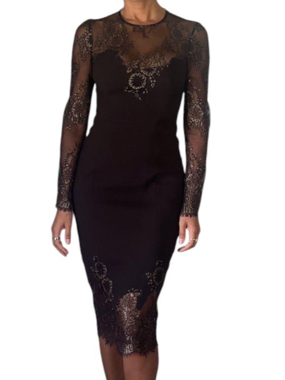 Karen Millen Black Metallic Lace Dress Long Sleeve Fitted Pink Pewter UK 8 US 4